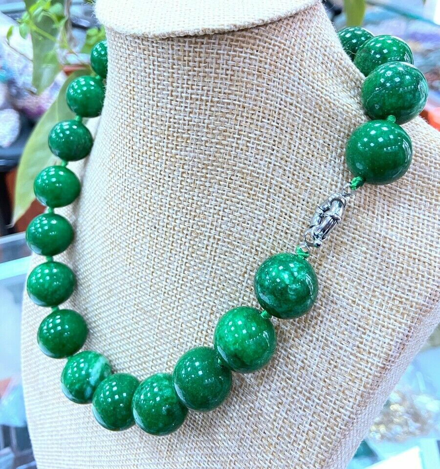 20mm Natural Green Jade Round Bead Necklace 18 Inch AAA Quality