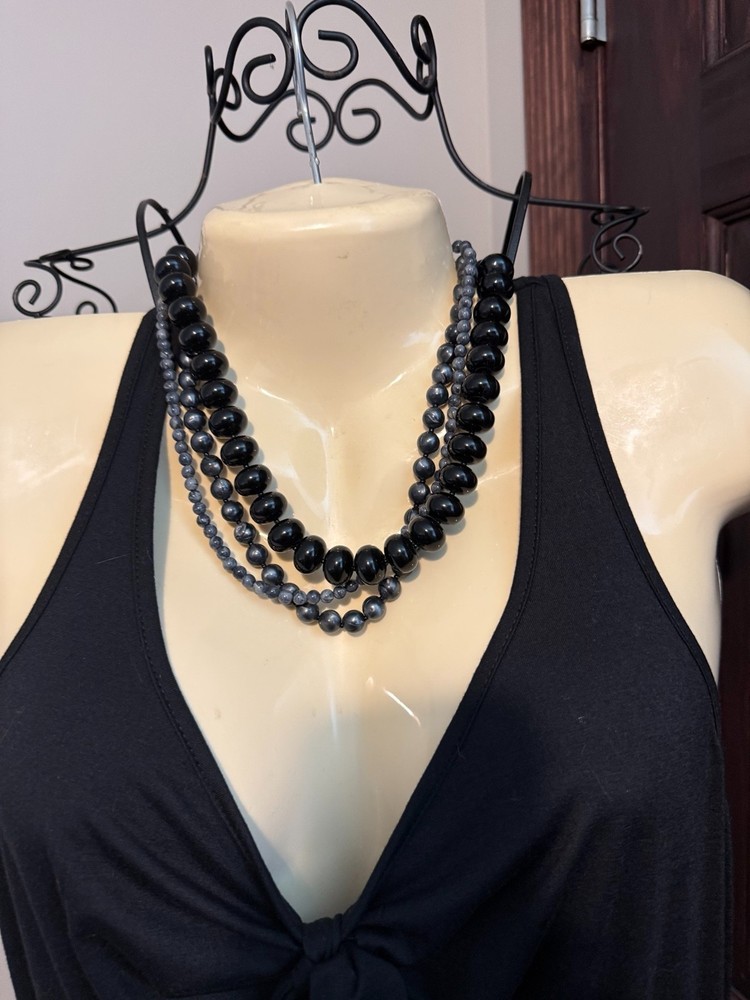 Vintage Black Gray Multi Strand Beaded Necklace Chunky Lucite Acrylic Statement