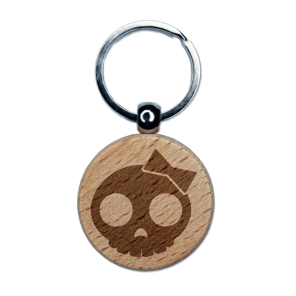 Sassy Skull with Hairbow Engraved Wood Round Keychain Tag Charm