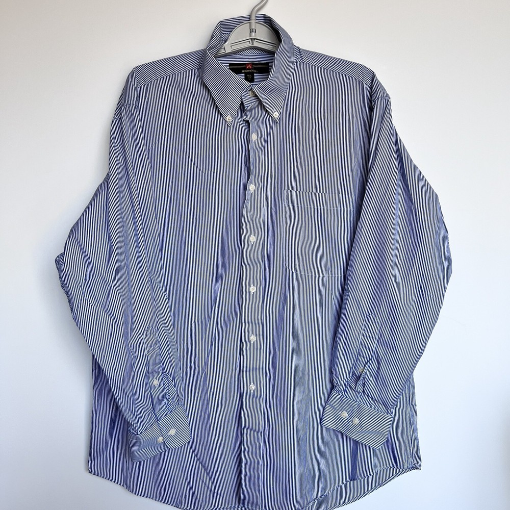Members Mark Mens 16.5 Blue White Button Down Long Sleeve Collared Shirt 32/33-image