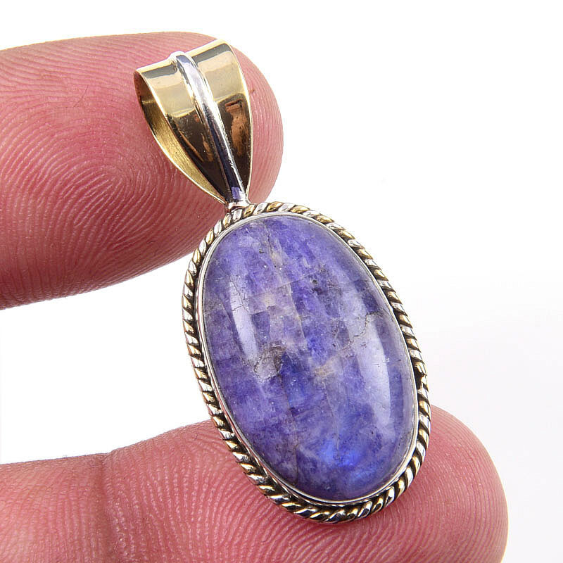 Natural Purple Moonstone Gemstone 925 Solid Silver Two Tone Pendant 1.25''