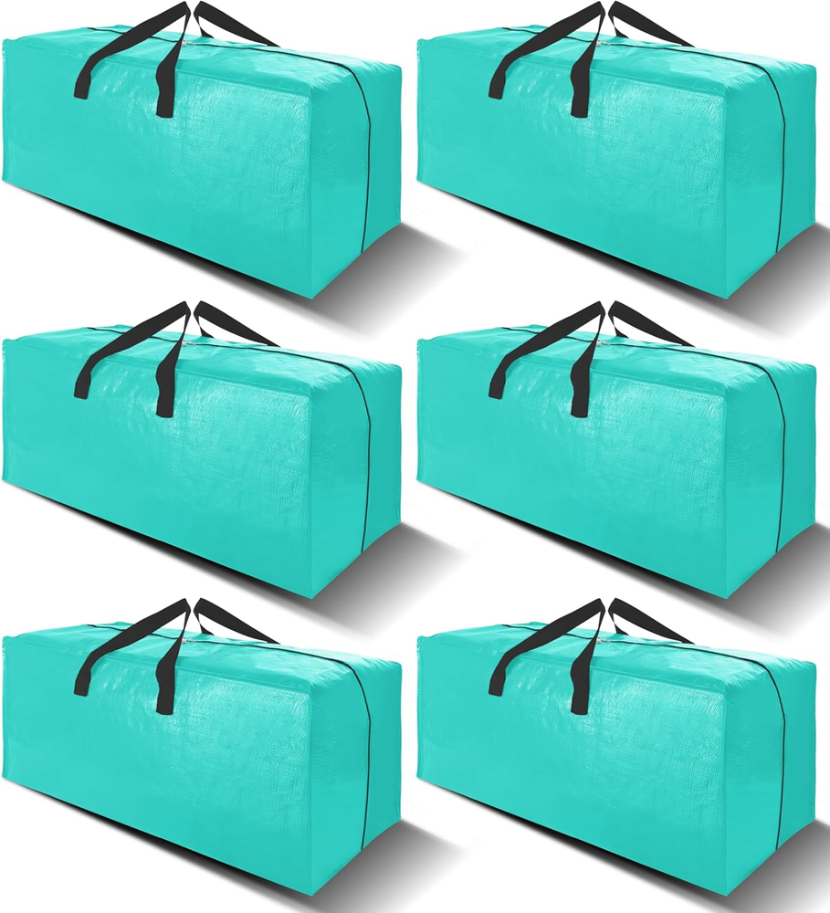 6 Pack Aquamarine Large Moving Bags with Backpack Straps Strong Handles & Zippers