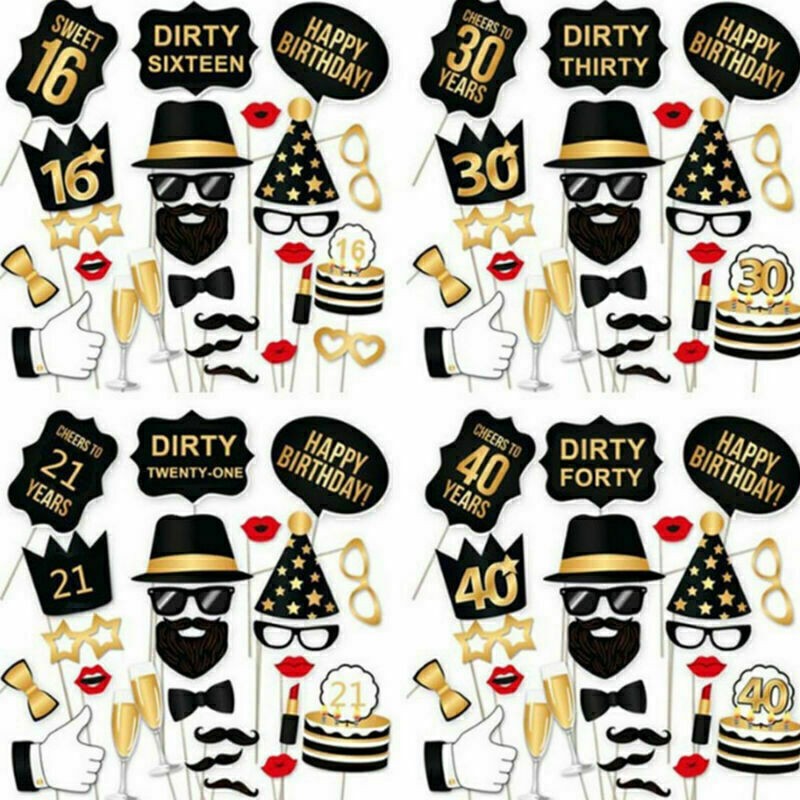 34pcs Black Photo Booth Props 30th 40th 50th Adult Birthday Fun Party Games Prop