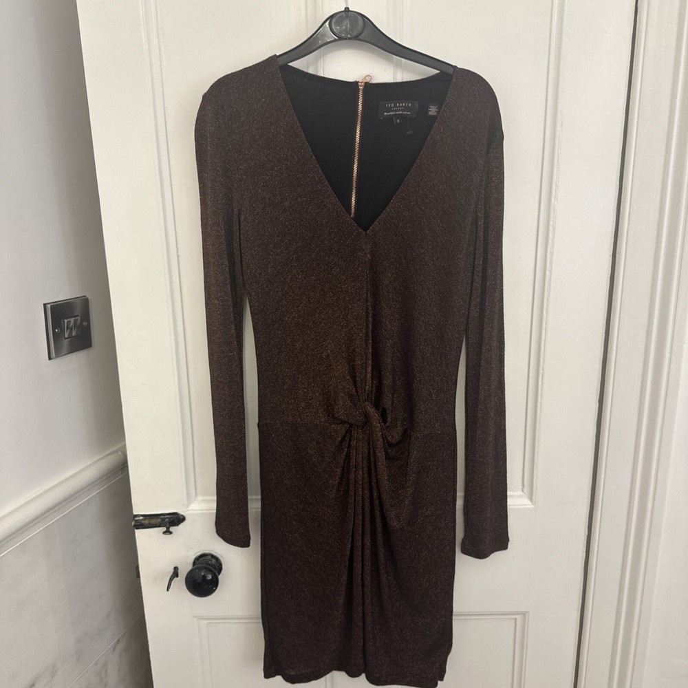 Ted Baker Lizzey Bodycon Dress Knot Front Bronze Copper Sparkle Party Sz 2 UK 10