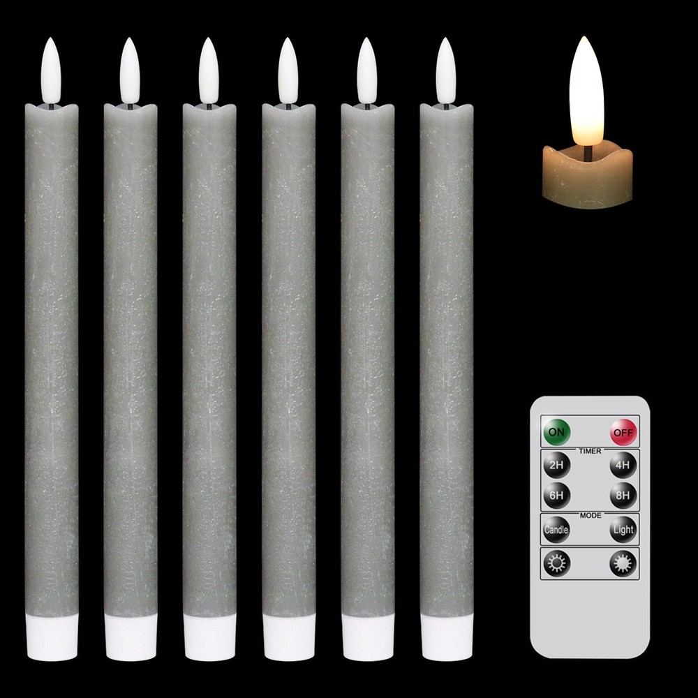 6 Flameless Grey Taper Candles with Remote, Battery Operated, 9.64 x 0.78 Inches