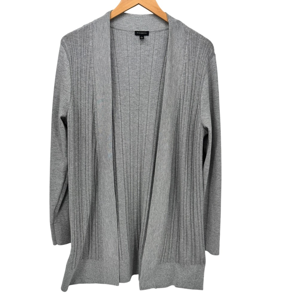 Talbots Sweater Womens Large Open Cardigan Metallic Gray Cable Knit Duster
