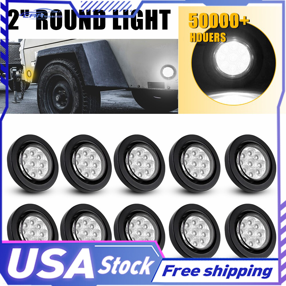 2-inch 10x Round 9-LED White Side Marker Lights with Black Grommet for Truck UTV