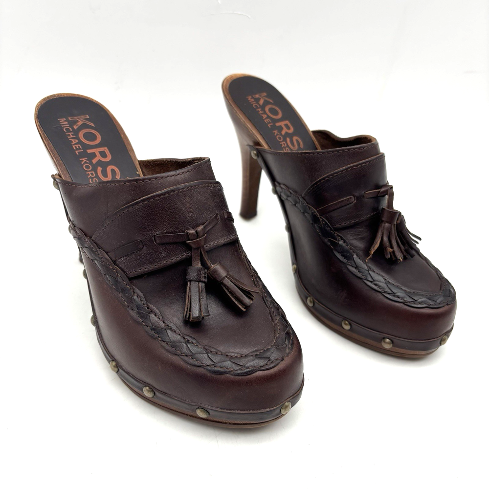 Vintage Michael Kors Italy Brown Leather Wood Platform Stiletto Mule Clogs 7.5B