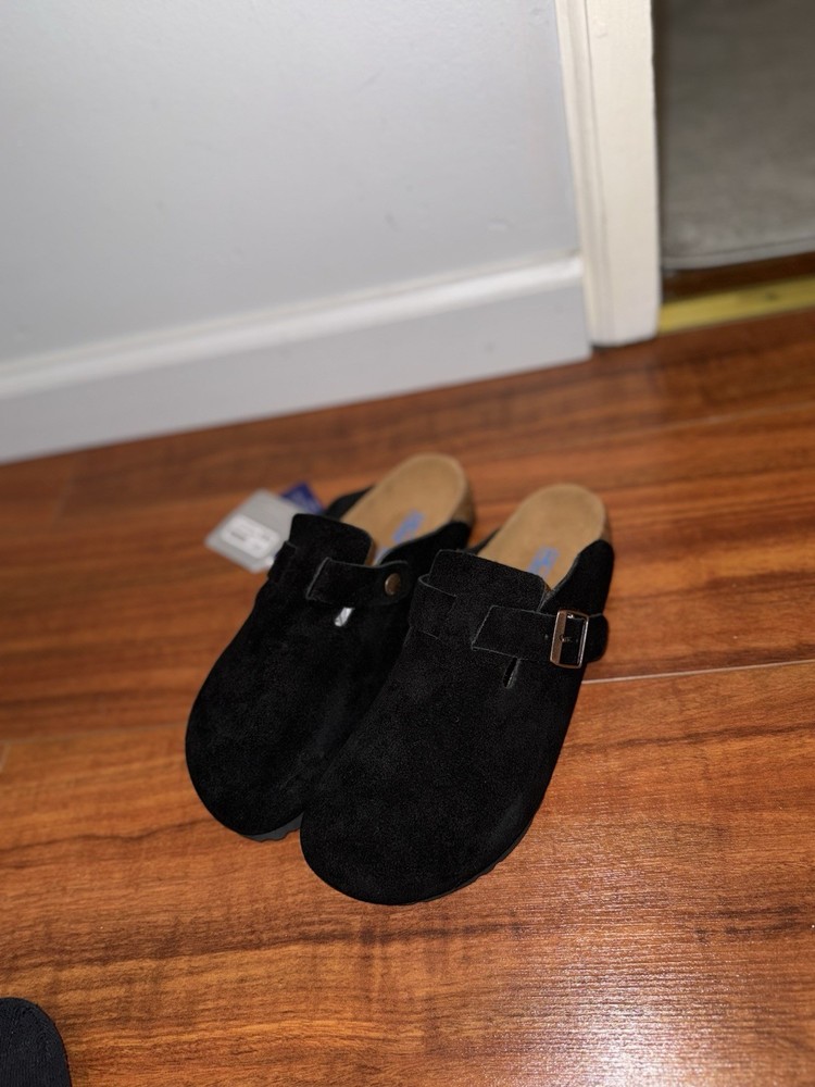 Birkenstock Boston Suede Clogs Taupe Normal Soft Footbed Sandals