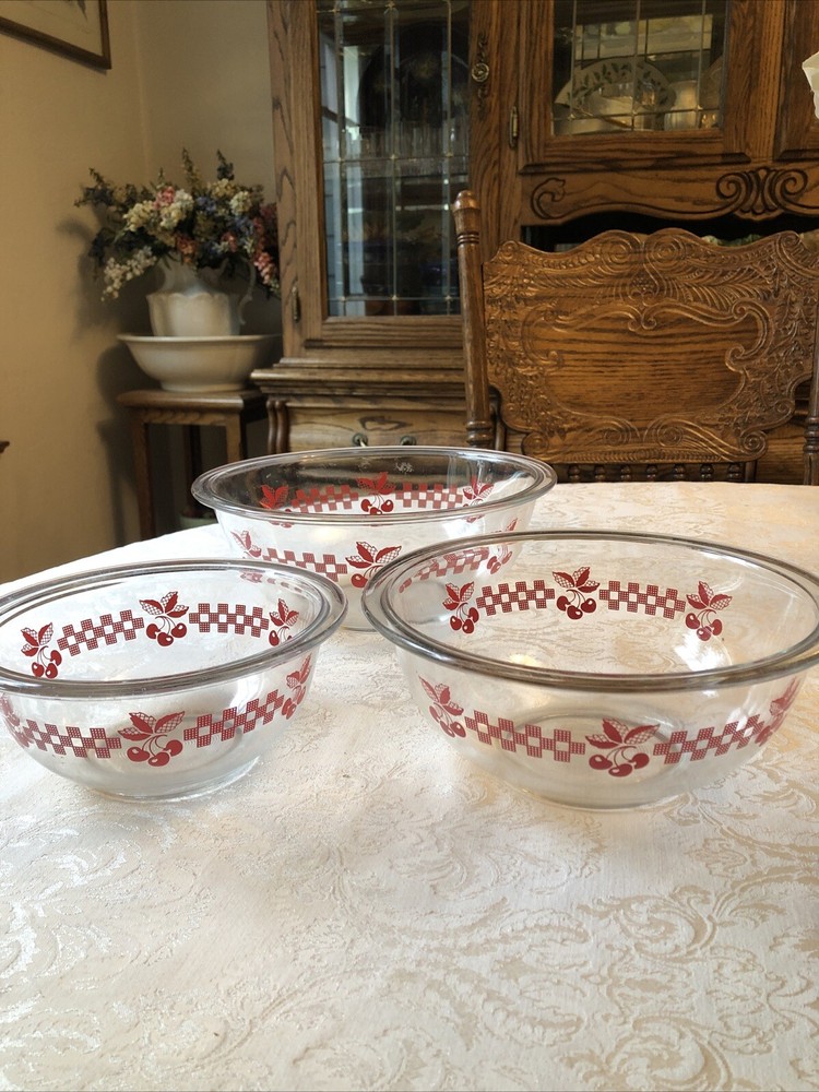 Pyrex Red Cherries Gingham Checkered Glass Mixing Bowls Set of 3