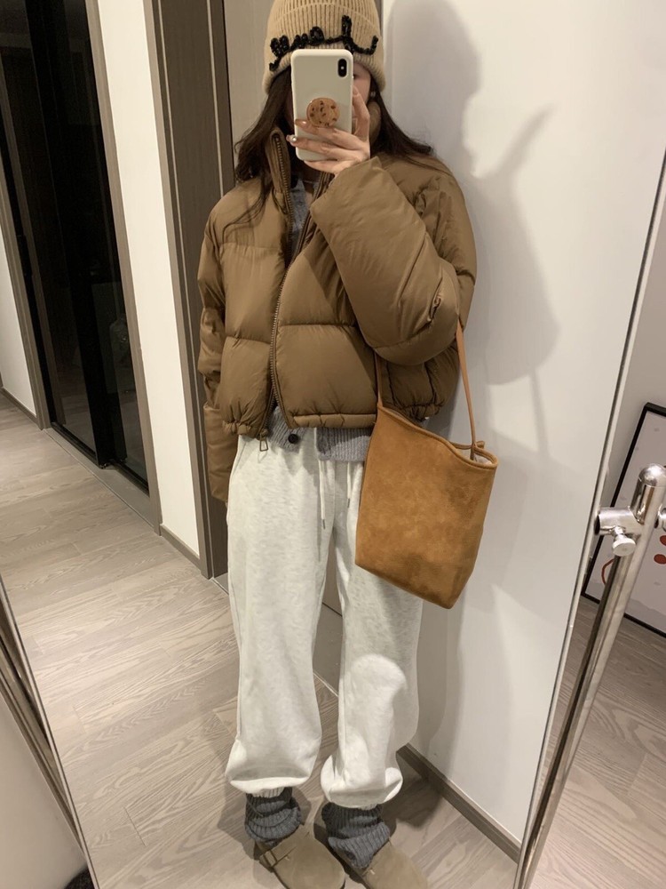 Brown Puffer Jacket with High Collar, Fashionable Outerwear for Cold Weather