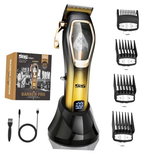 Pro Barber Hair Clippers Set: Cordless Magnetic 9000 RPM, Constant Speed Gold