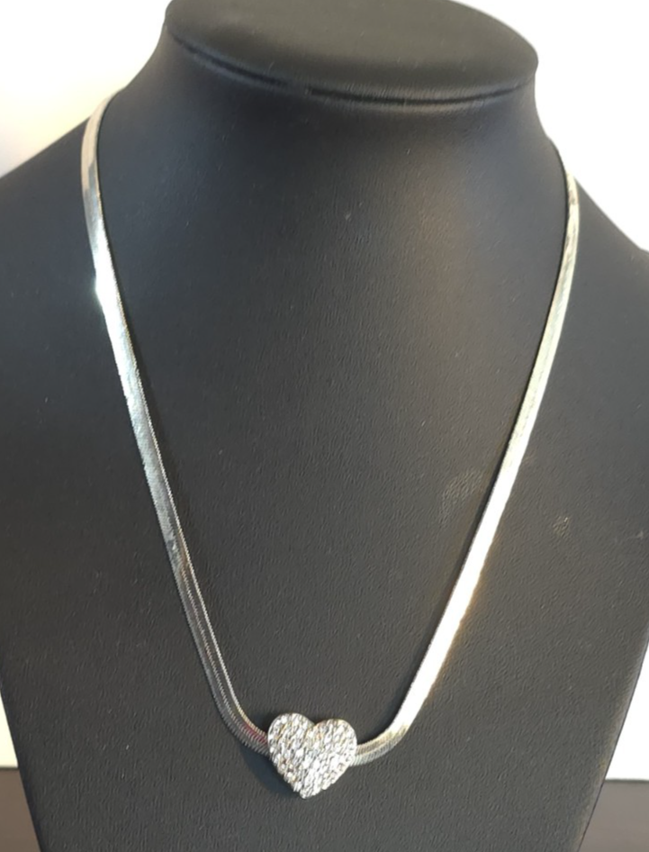 Silver tone heart rhinestone necklace choker 14