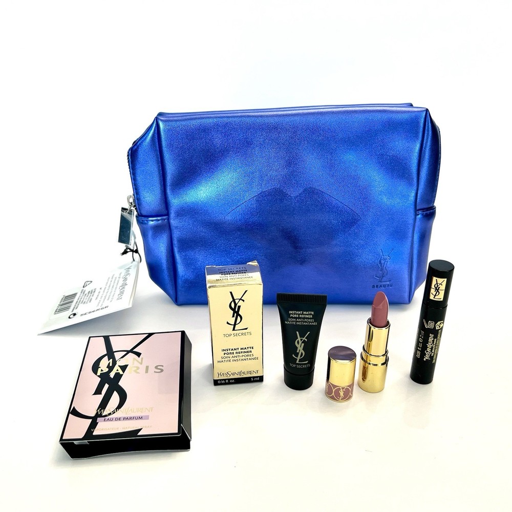 YSL Makeup Bag with Mascara Pore Refiner Lipstick and Mon Paris Fragrance Samples