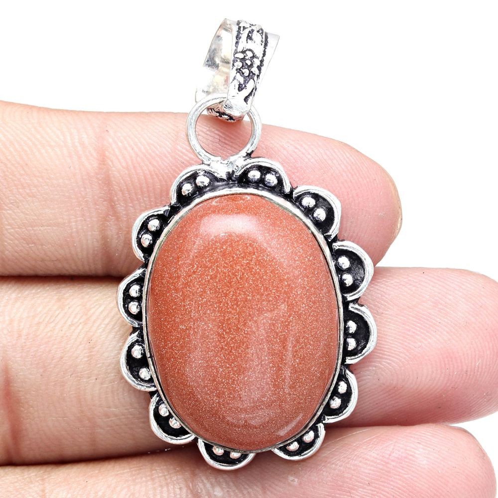 Handmade Red Sunsitara Gemstone Pendant Silver Jewelry for Mother's Day 1.75 Inch