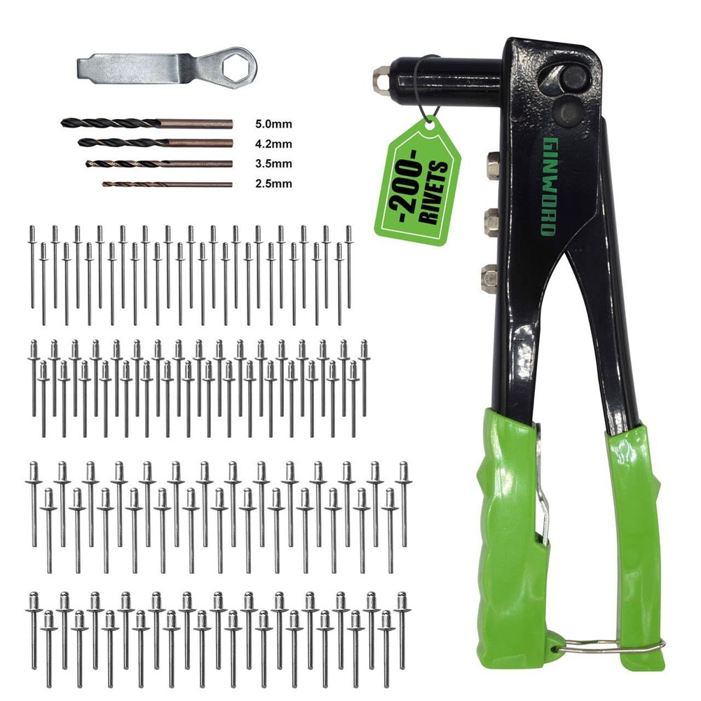Heavy Duty Rivet Gun Kit with 200 Rivets and 4 Drill Bits