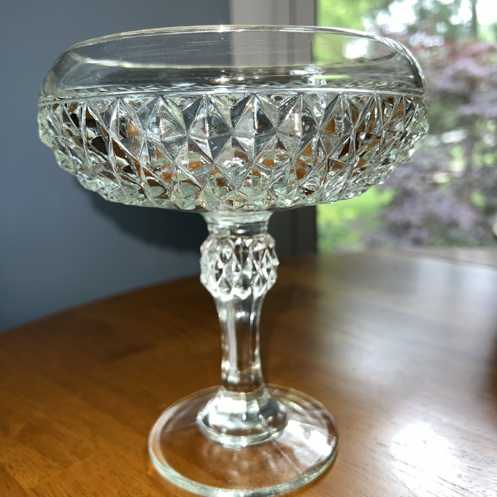 Vintage Indiana Glass Diamond Point Footed Compote in Clear Pale Green