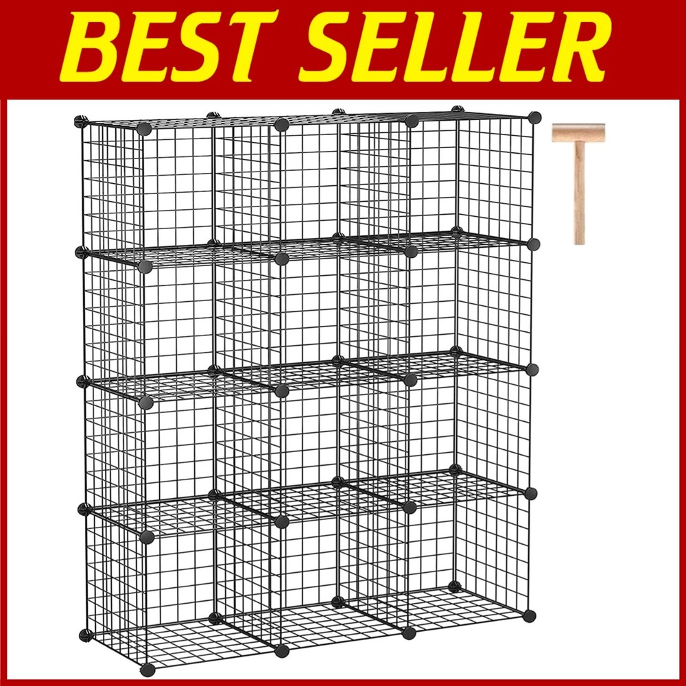 Sturdy Black Metal Cube Storage Organizer - 12-Cube Shelving for Home & Office