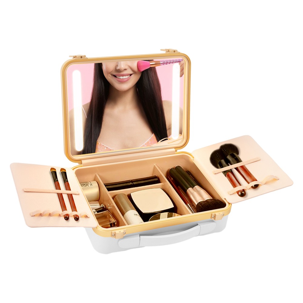Caja de Maquillaje de Viaje Portátil Blanca con Espejo Plateado 4K y Luces LED