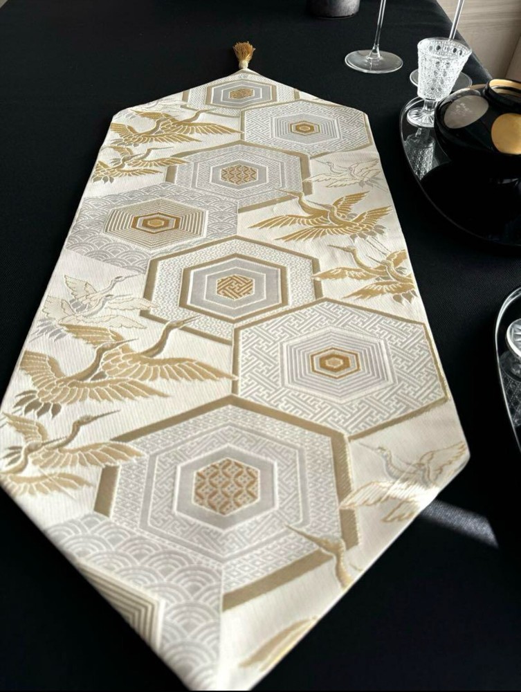 Japanese Crane Gold Obi Table Centerpiece Handmade with Tassels