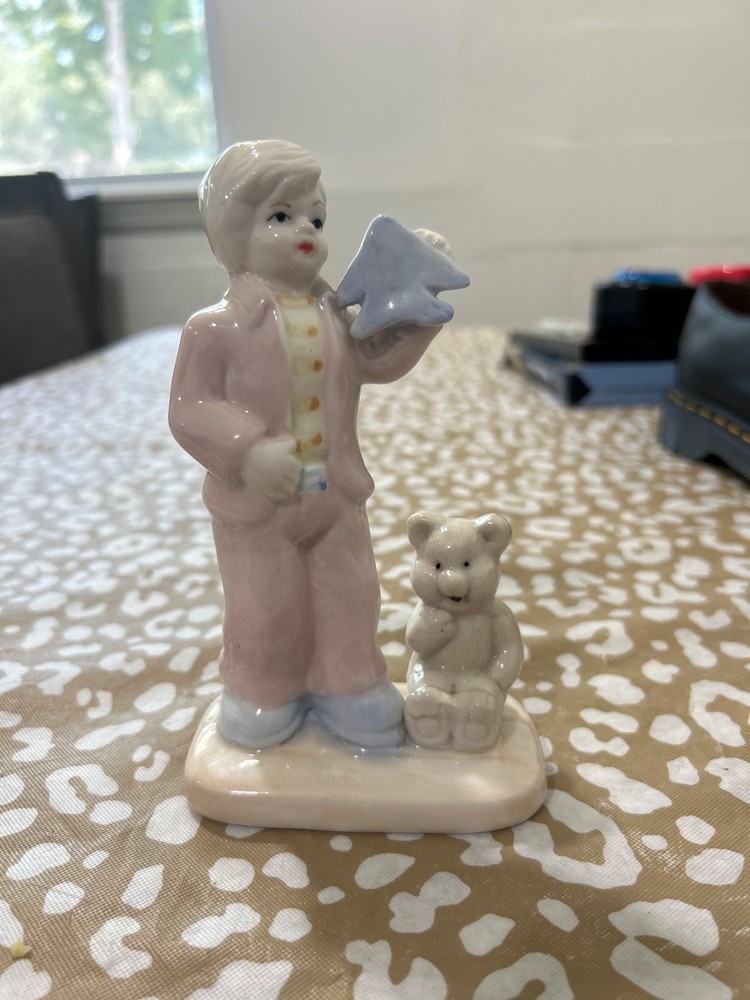 Vintage K's Collection Boy & Teddy Bear Figurine W/Sticker