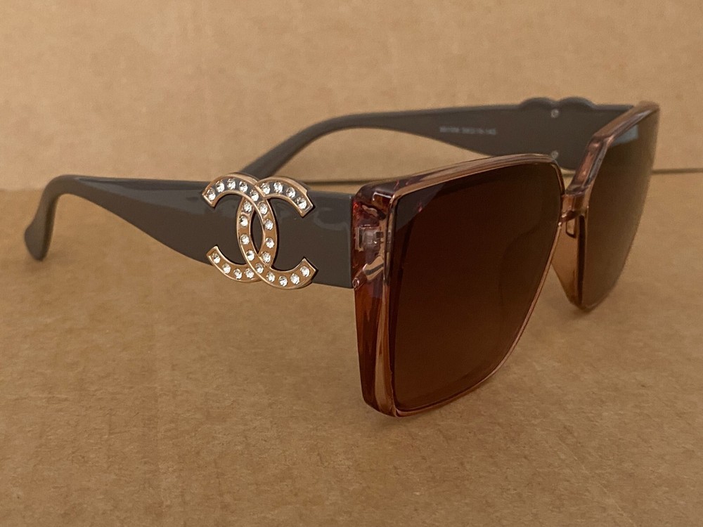 Chanel Brown Rhinestone Logo Sunglasses for Women