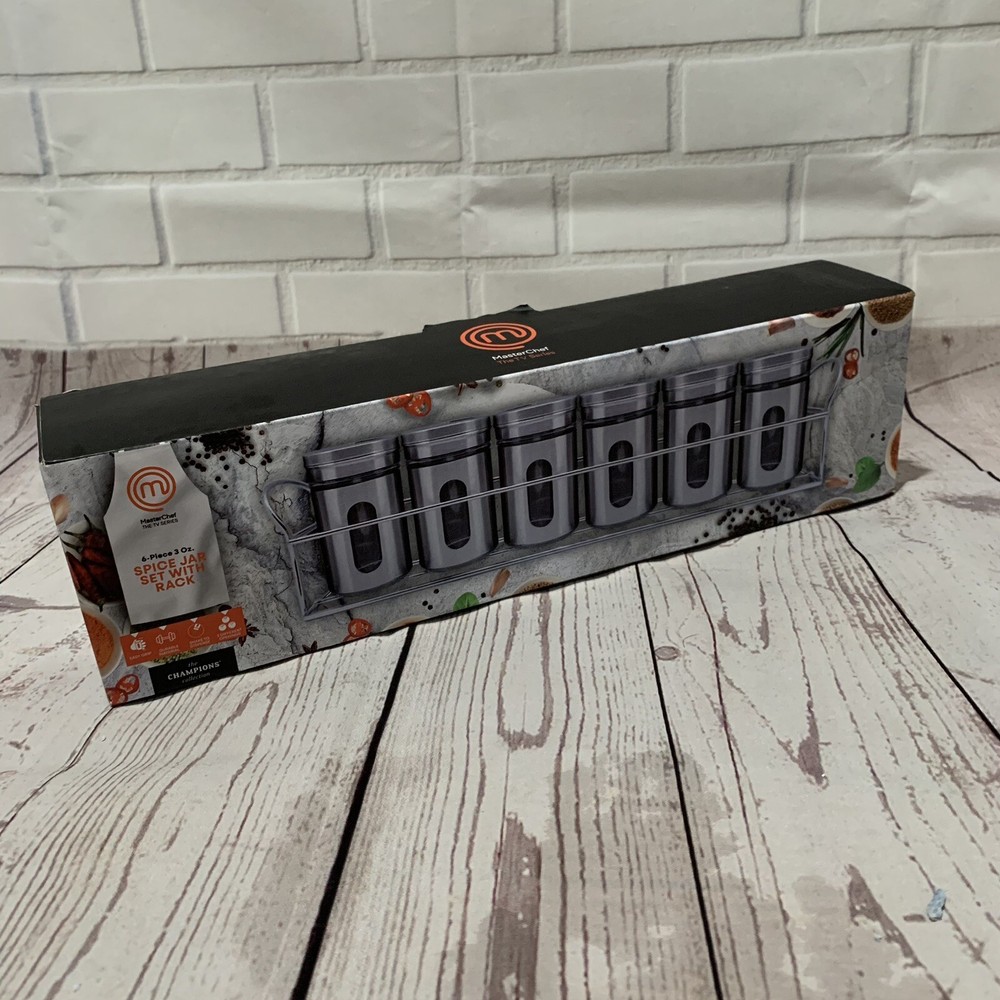 Stainless Steel & Glass Spice Jar Set with Rack - 6-Piece Master Chef Collection