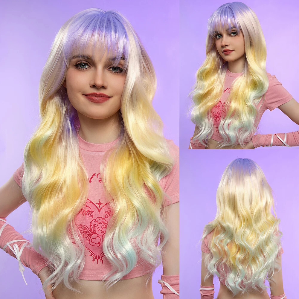 Ombre Purple to Gold Mixed Green Synthetic Wig Hair with Bangs Cosplay Party Wig