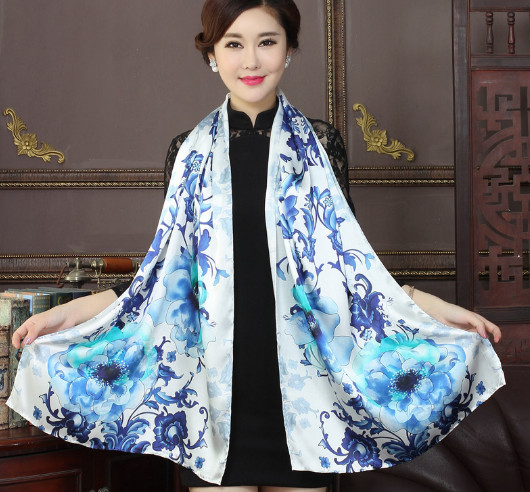 100% Mulberry Silk Scarf for Women Floral Blue White Shawl Wrap MY118-1