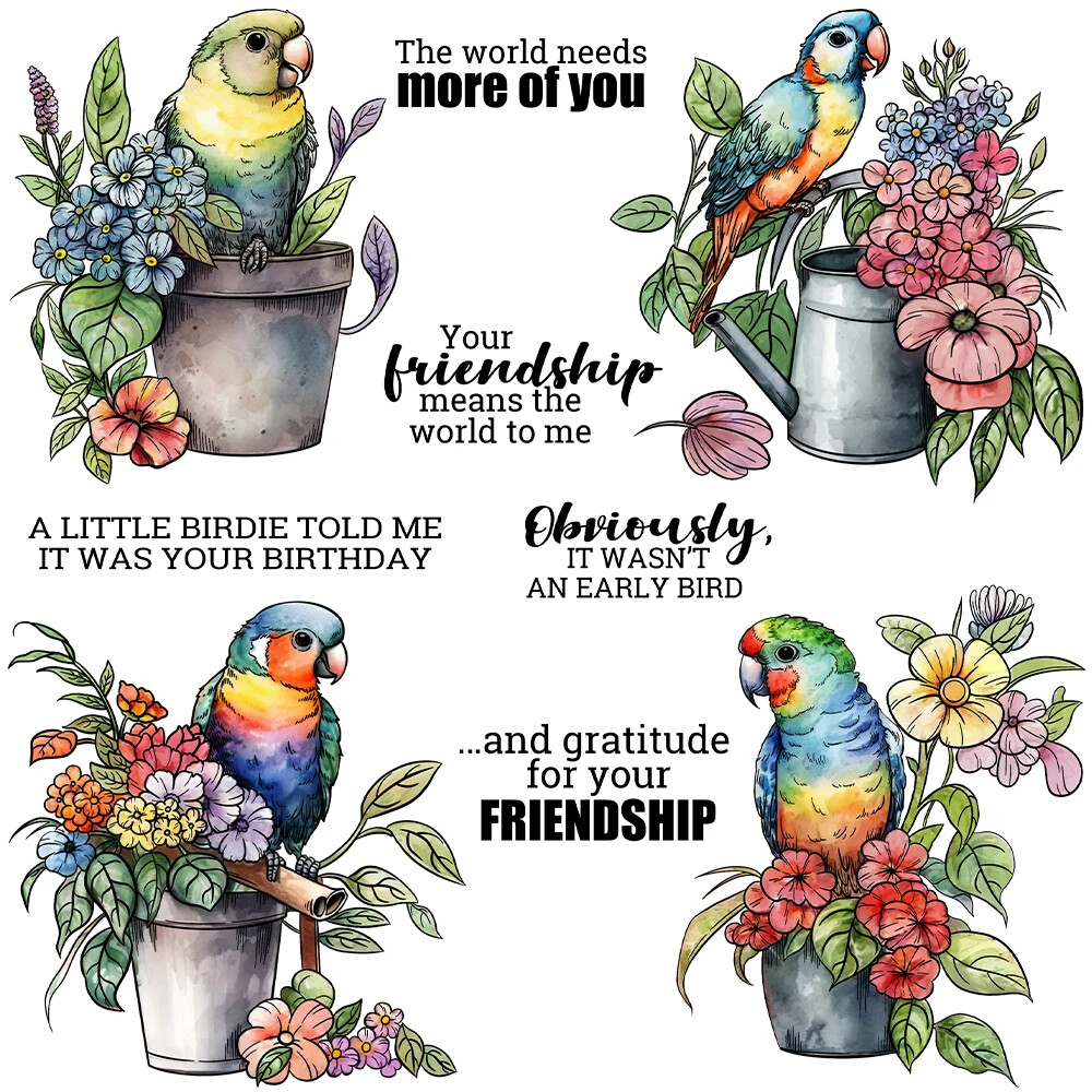 Parrots Flowers World Needs More of You Birdie Told Me Birthday Clear Stamps