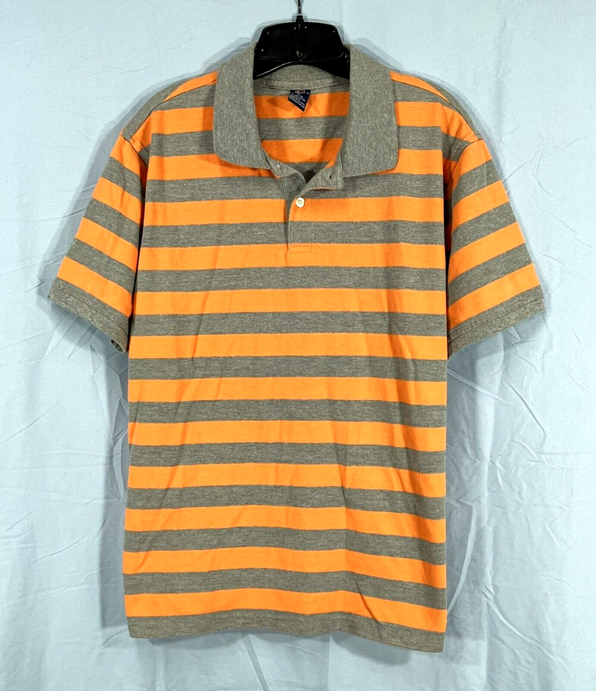 VTG BUGLE BOY Men's ORANGE/GRAY Striped JERSEY KNIT Short Sleeve POLO SHIRT Sz L