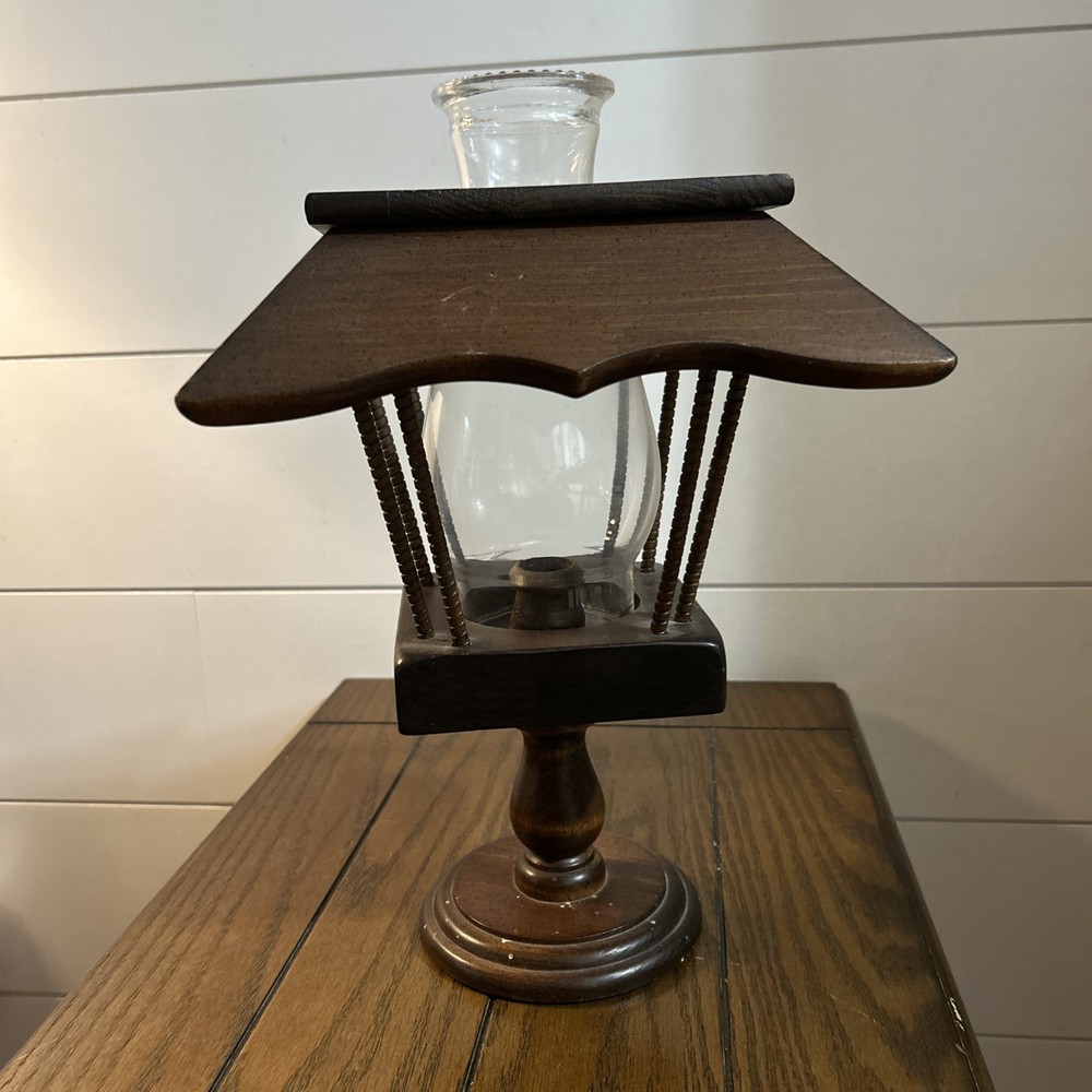 Vintage Cornwall Wood Candle Holder Lantern 12 Inch Colonial Maine USA Glass