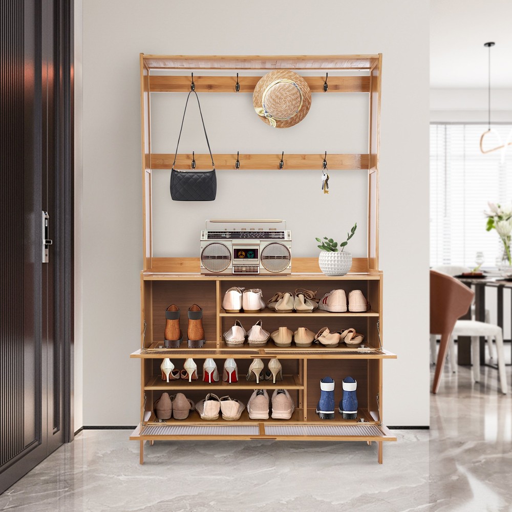4-Tier Bamboo Shoe Cabinet with Hooks - Wooden Coat Rack & Storage Shelf
