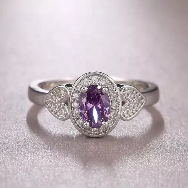 2Ct Oval Cut Simulated Amethyst Women Fancy Engagement Ring 14KWhite Gold Plated