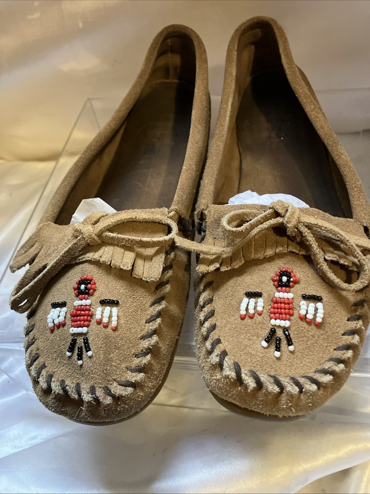 Minnetonka Thunderbird Animikii Beaded Moccasins Brown Suede Leather Size 11