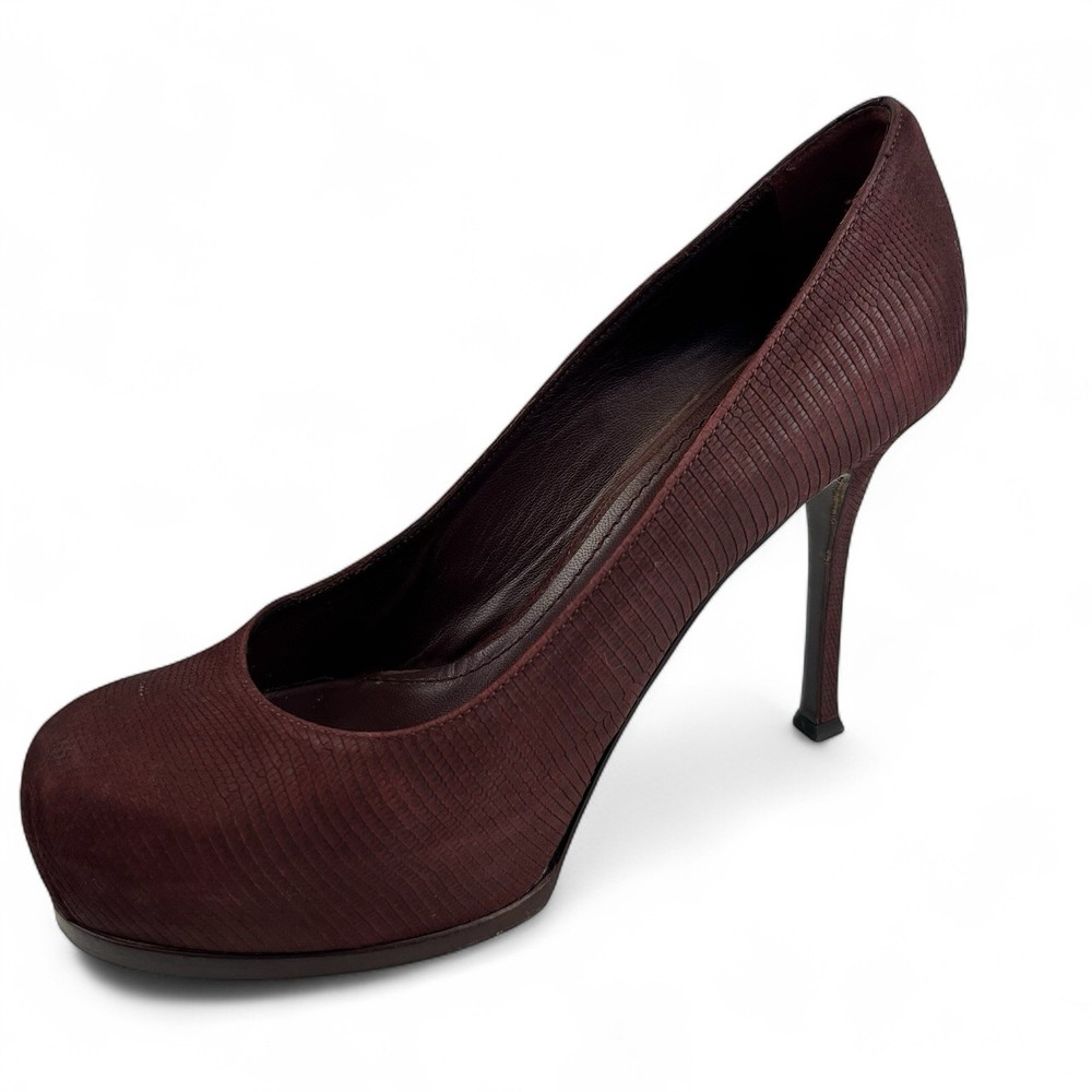 YSL Textured Cap Toe Tribtoo Platform Heel in Plum Size 39