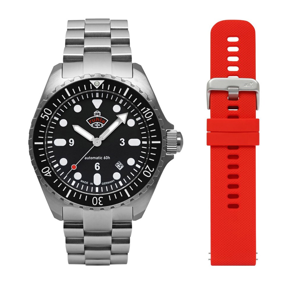 Ruhla Men's Watch Automatic Diver With Red Replacement Strap 4960M2_Set
