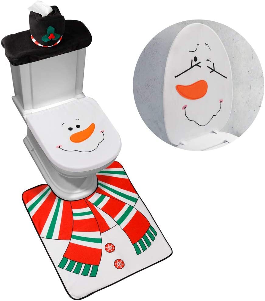 D-FantiX 4-Piece Snowman Santa Toilet Seat Cover and Rug Set Red Christmas Decor