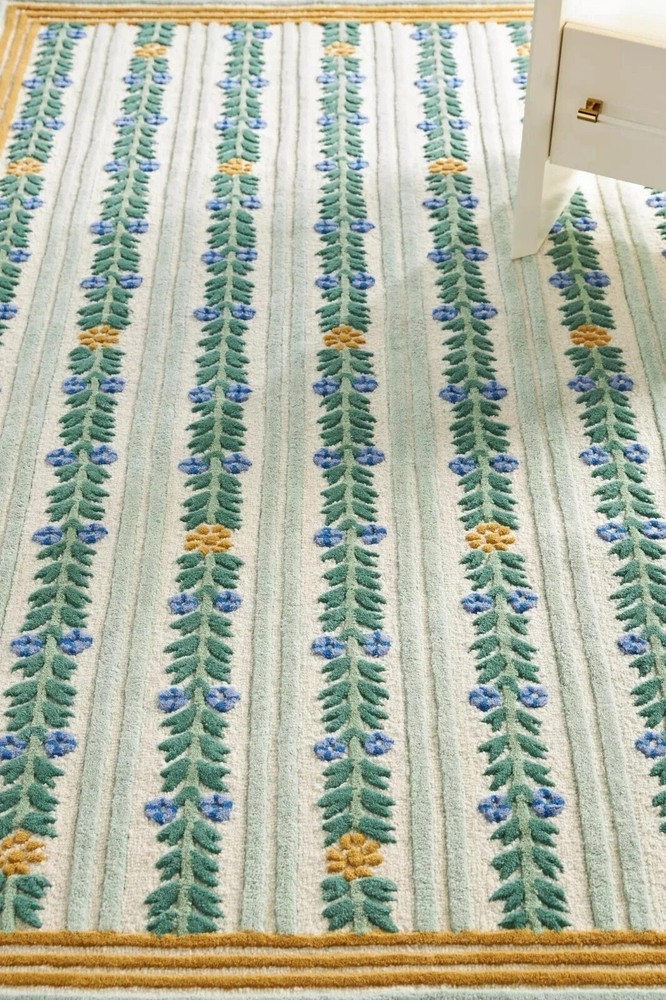 Handmade Wool Tufted Cottage Rug with Striped Floral Green Country Design  