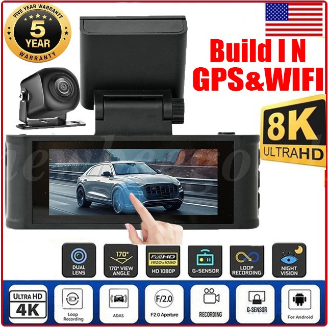 4K Dual Dash Cam with Front and Rear Touch Screen GPS WiFi 3.18 Inch