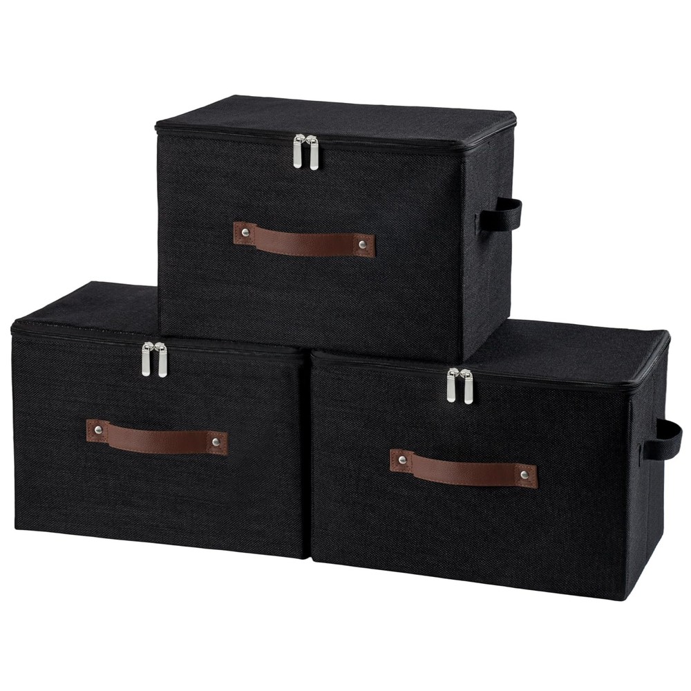 3 Pack Storage Bins with Zipper Lid Fabric Lidded Storage Boxes Baskets Cubes...