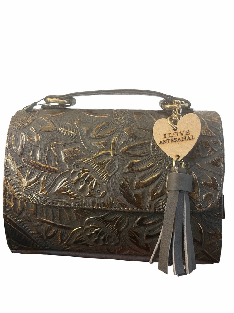 New Genuine Leather Small Bag Floral Embossed 6x8x3 | Dark Brown With Gold