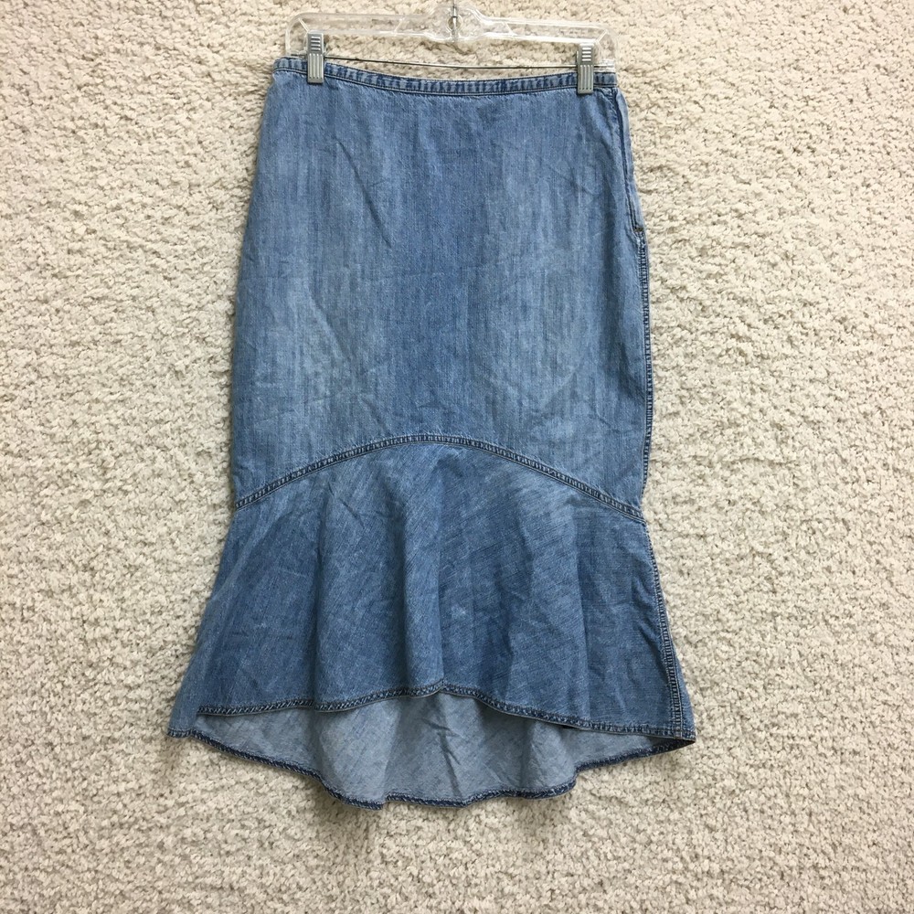 VINTAGE LRL Ralph Lauren Skirt 4 Women Blue Denim Midi Trumpet Ruffle A Line Y2K