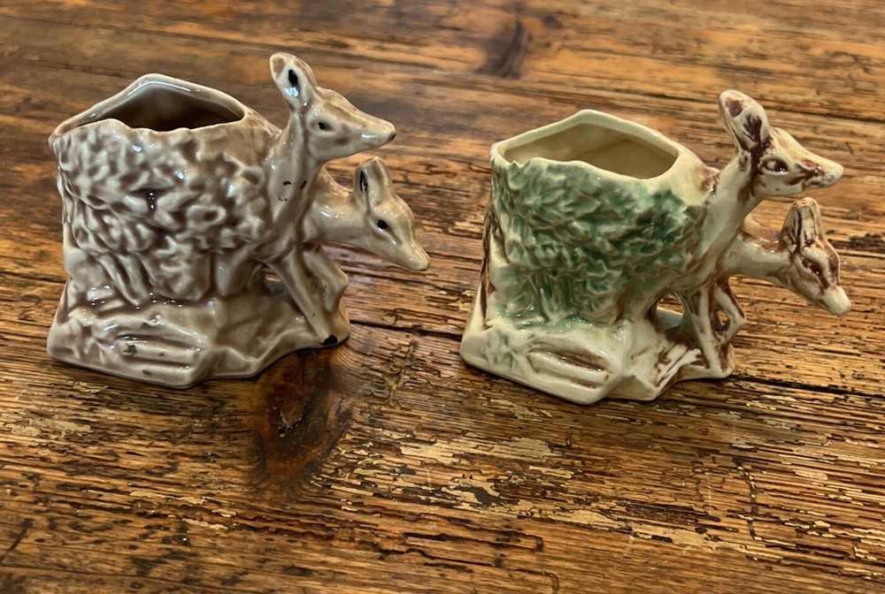 Two Vintage McCoy Deer And Fawn Planters Brown and Green