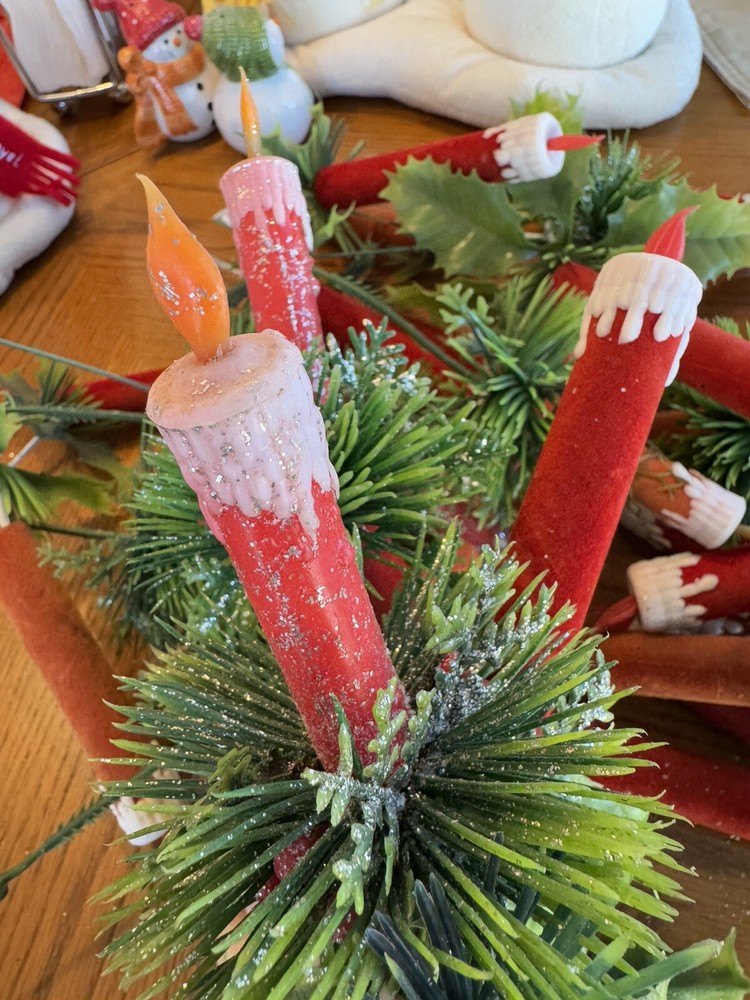 29  VINTAGE Christmas Flocked Plastic Candles with Holly Spikes  Kitschy Decor