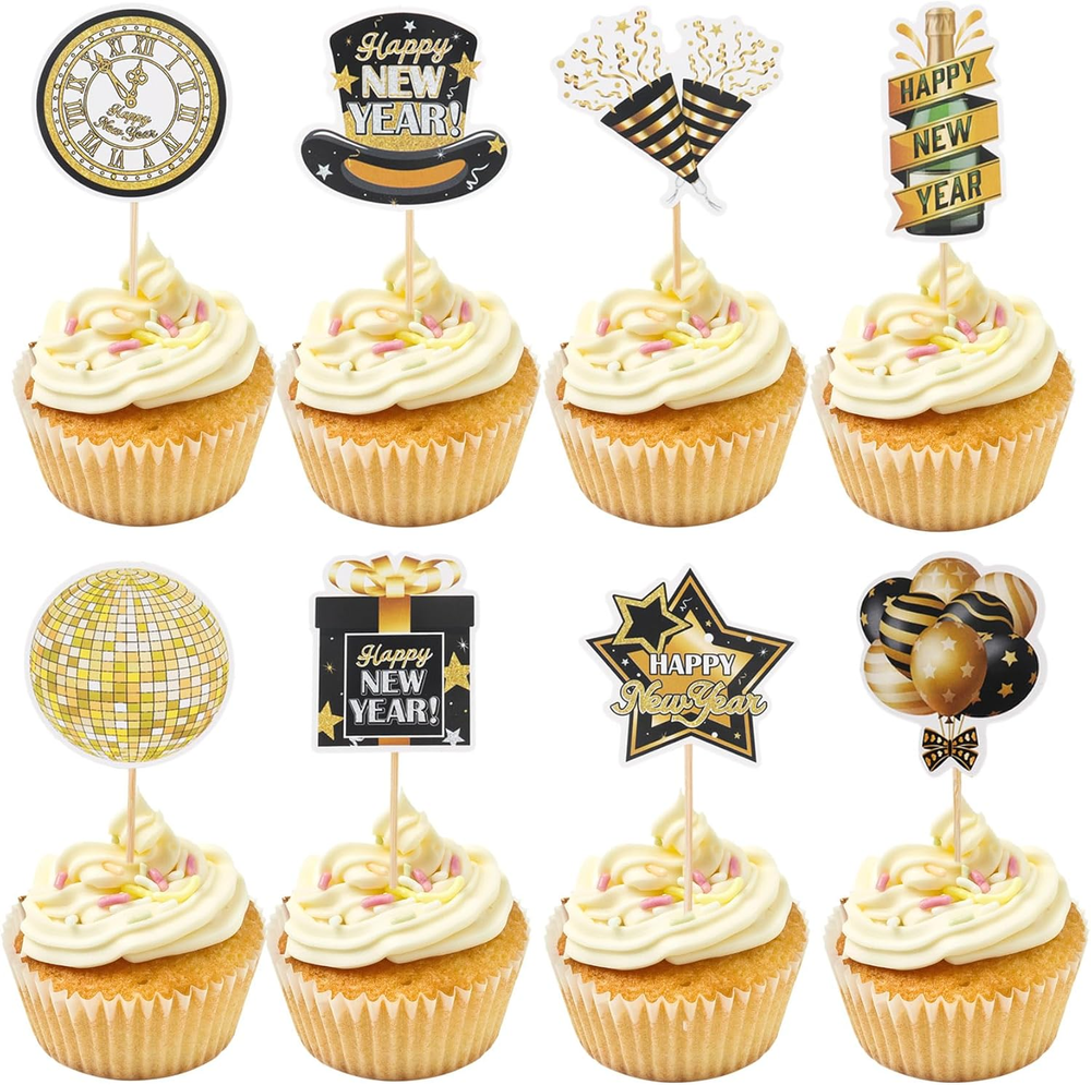 Happy New Year 2026 Cupcake Toppers, 24 PCS Happy New Year Decorations, Black an