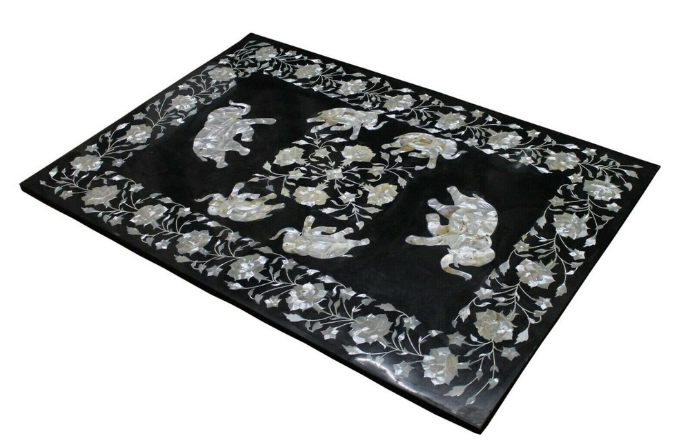 Elegant Black Marble Coffee Table with MOP Inlay Centerpiece Counter Desk