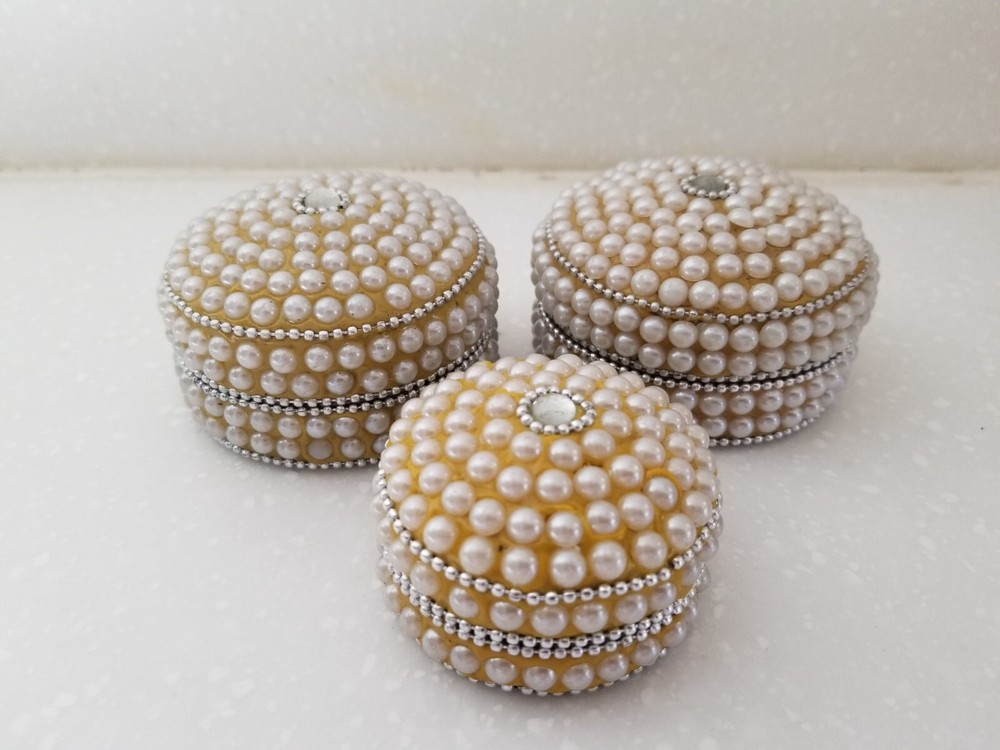 Faux Pearl Round Trinket Box Set with Rhinestones 3-Piece New