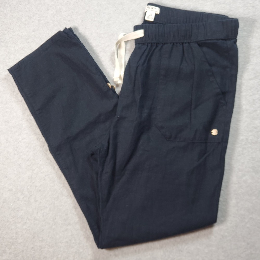 Roxy Womens Pants On The Seashore Cargo Navy Linen Blend Relax Fit