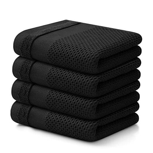 100% Cotton Waffle Weave Kitchen Towels, 13 x 28 Inches Black 13 x 28 - 4 Pack